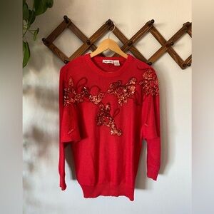 Vintage 80s Cristina Sweater Beaded Floral Detail vintage Sweater Red Cotton
